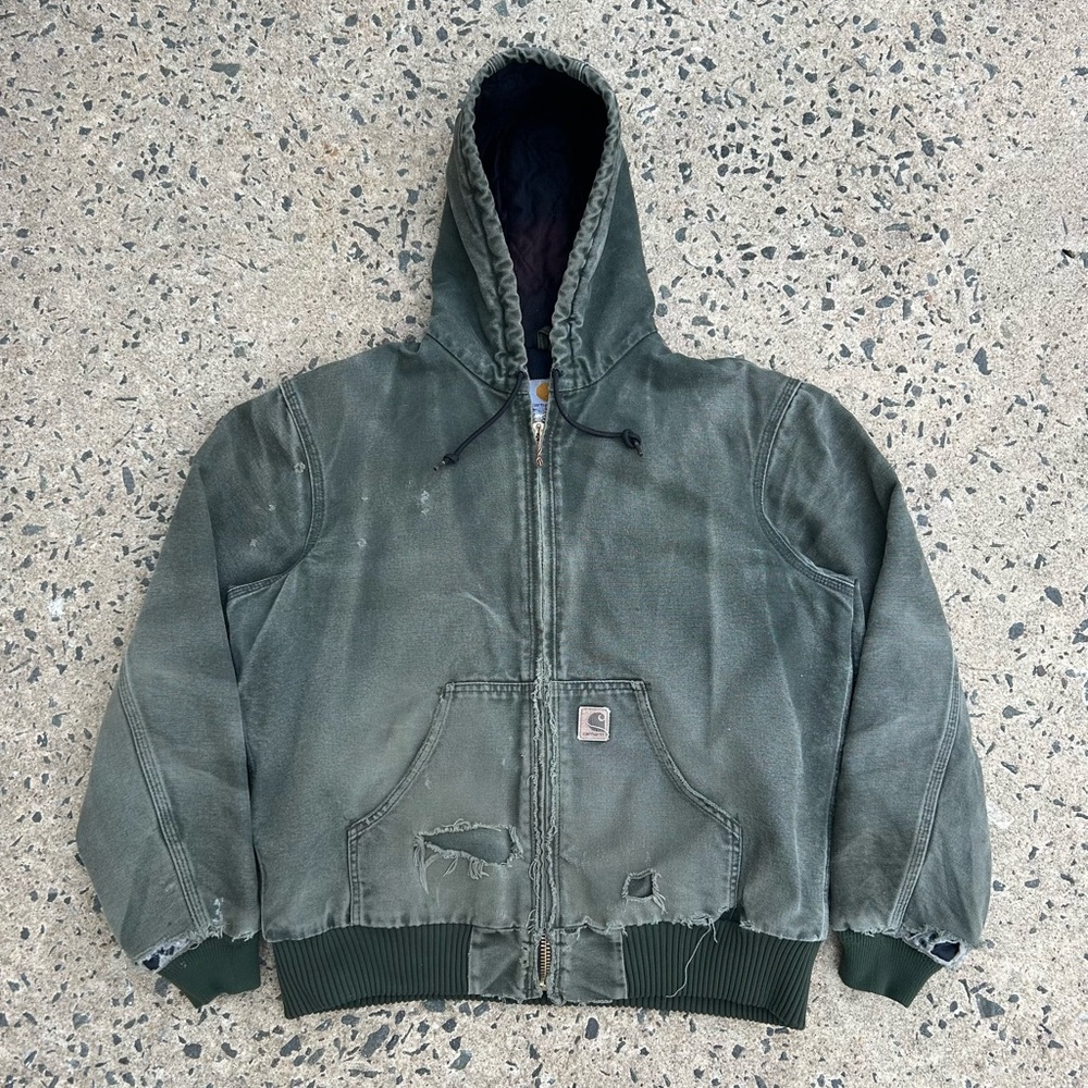 Vintage Carhartt  Hooded Jacket Faded And Distressed Green J130 MOS Size M 2007